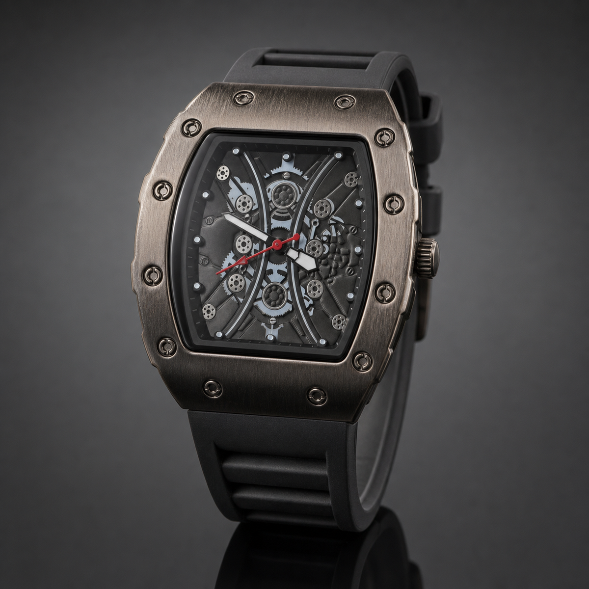 Premium regenerated product view 007 — gear-motif tonneau watch