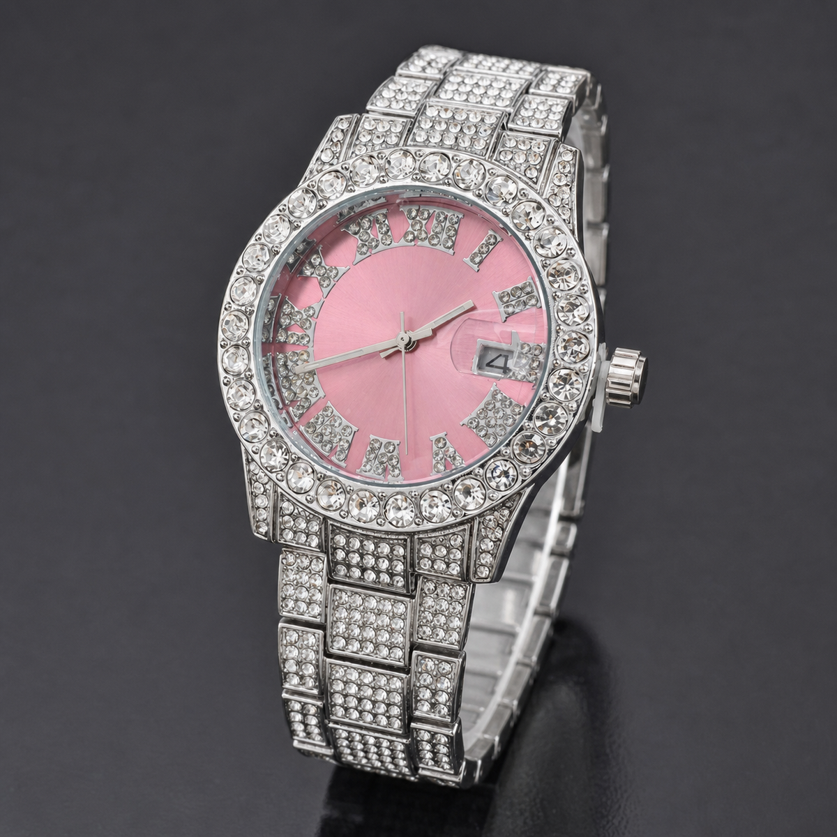 Premium regenerated product view 001 — pink Roman-index high-shine watch