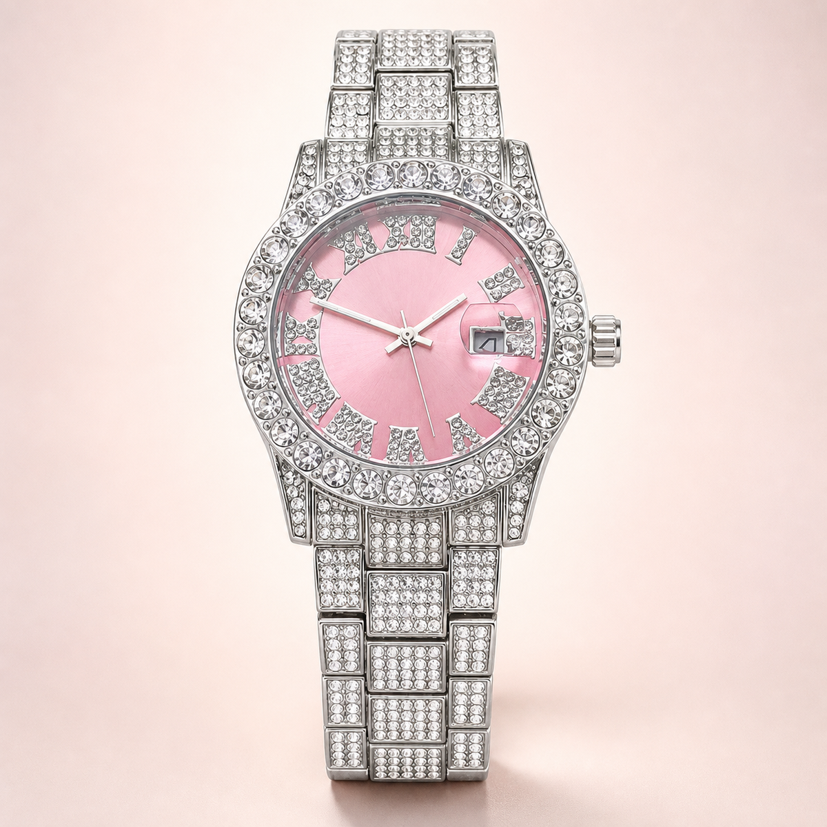 Premium regenerated product view 002 — pink Roman-index high-shine watch