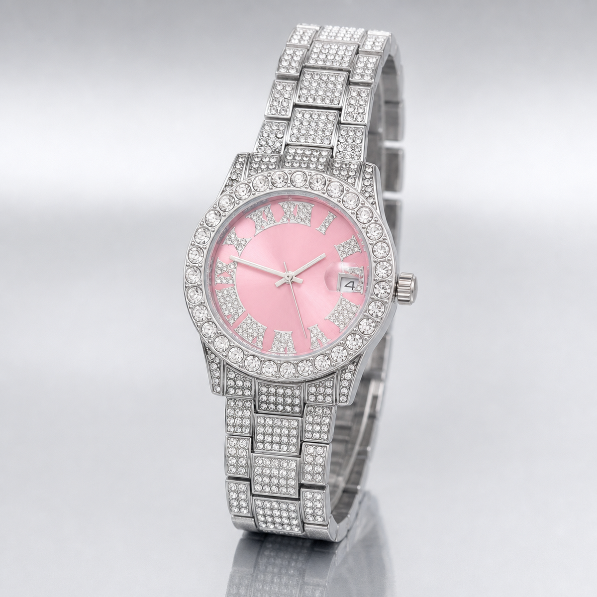 Premium regenerated product view 003 — pink Roman-index high-shine watch