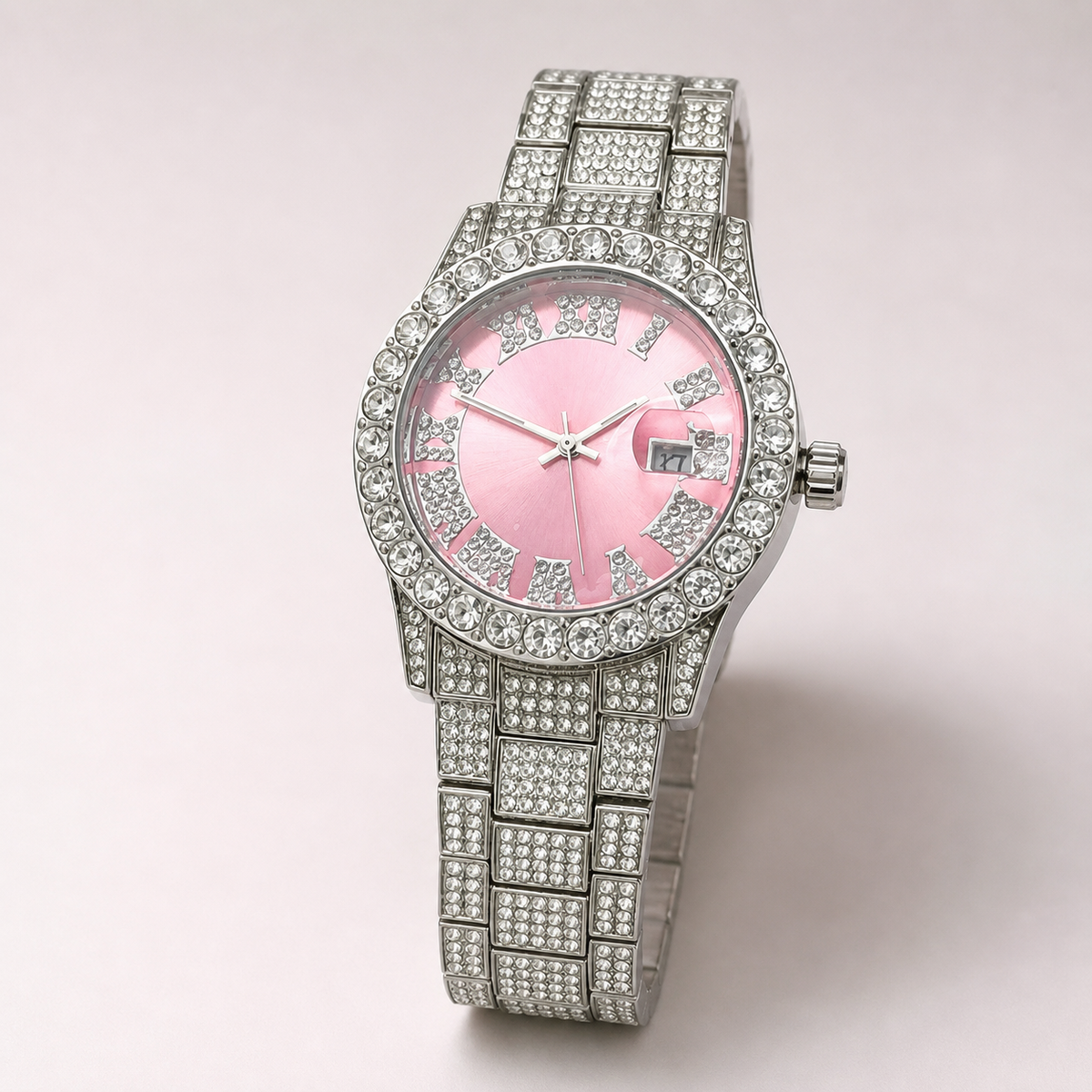 Premium regenerated product view 006 — pink Roman-index high-shine watch