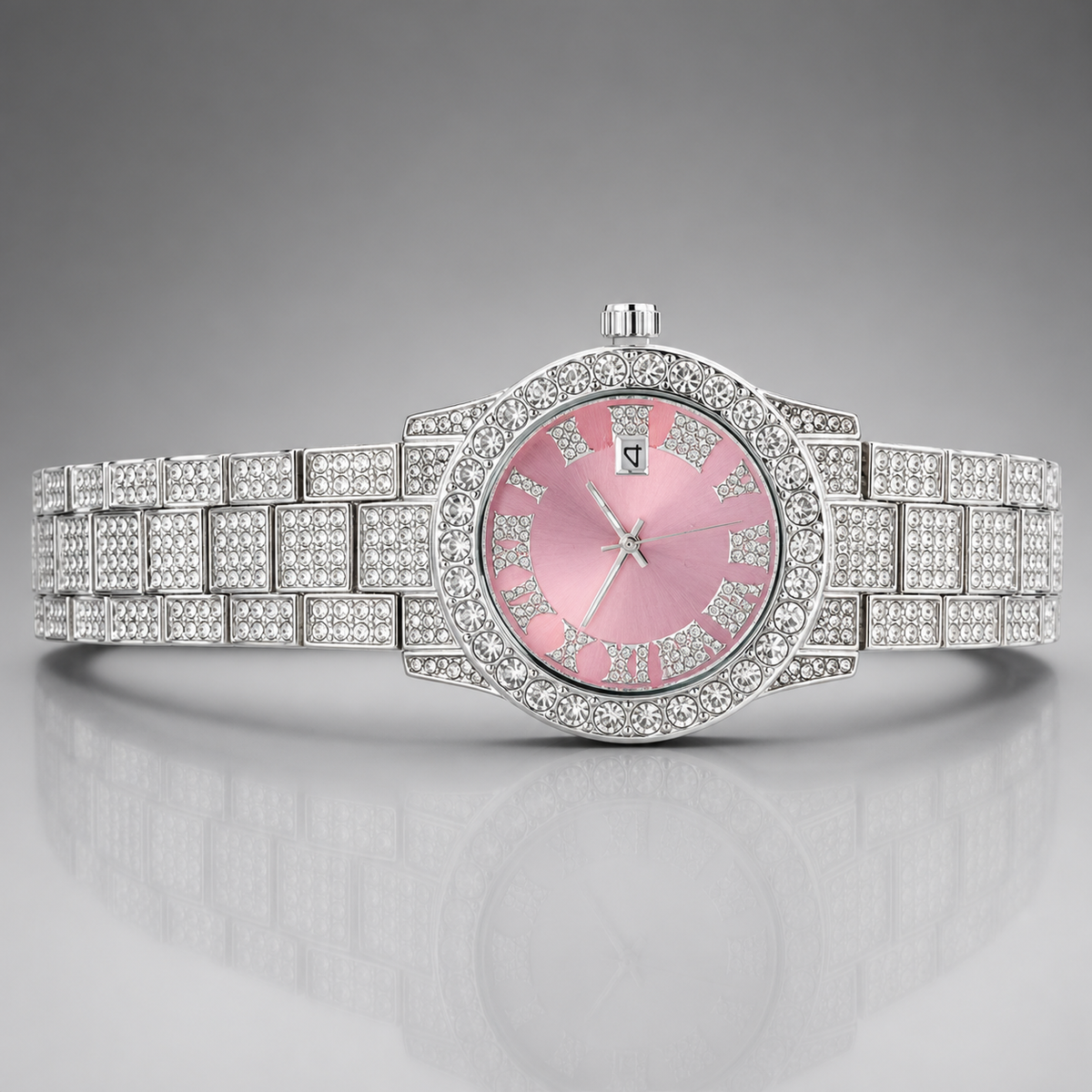 Premium regenerated product view 007 — pink Roman-index high-shine watch