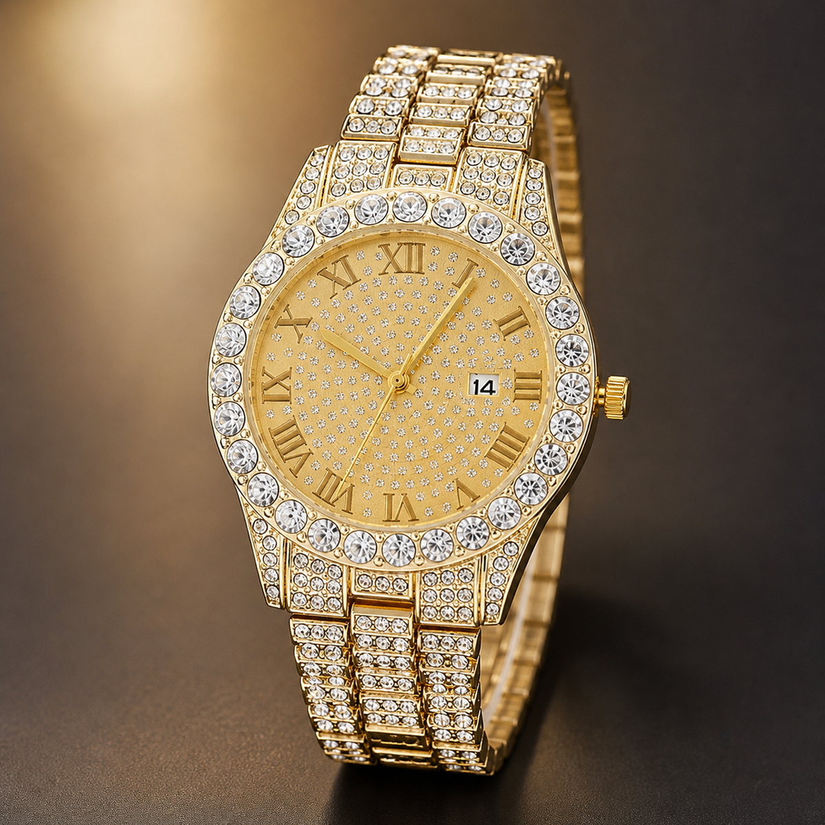 Men’s Gold-Tone Round Roman-Numeral Calendar Quartz Watch — regenerated view 5