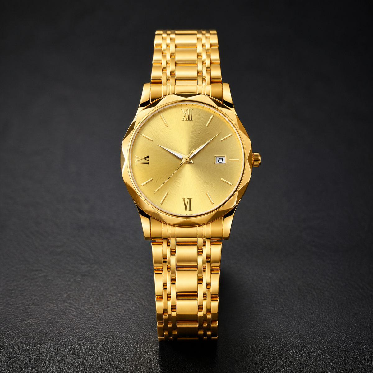 Men’s Faceted-Case Calendar Quartz Watch — Gold, product photo 01