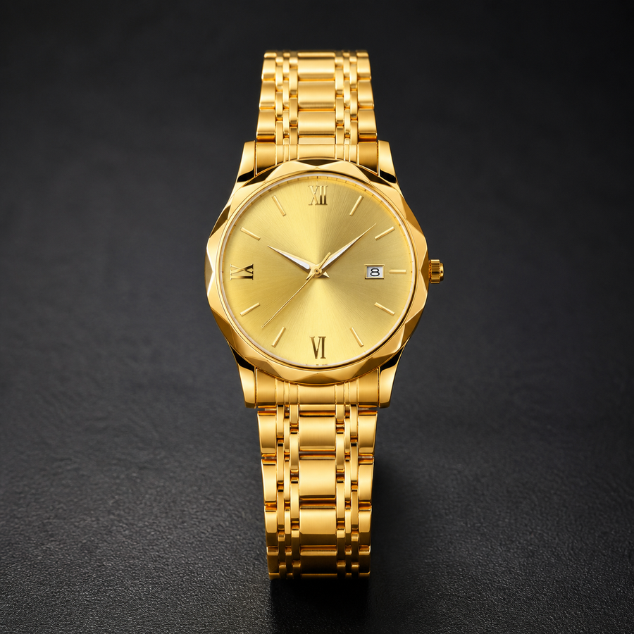 Men’s Faceted-Case Calendar Quartz Watch — Gold, product photo 01