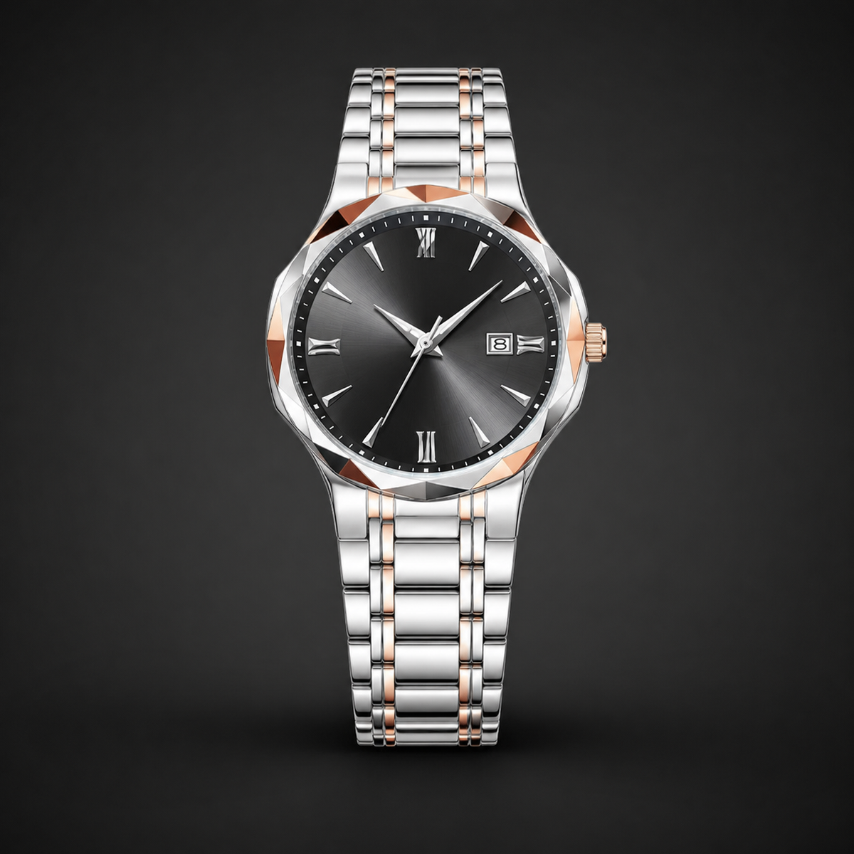 Men’s Faceted-Case Calendar Quartz Watch — Silver black, product photo 05