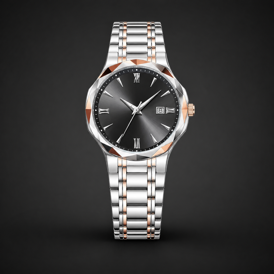 Men’s Faceted-Case Calendar Quartz Watch — Silver black, product photo 05