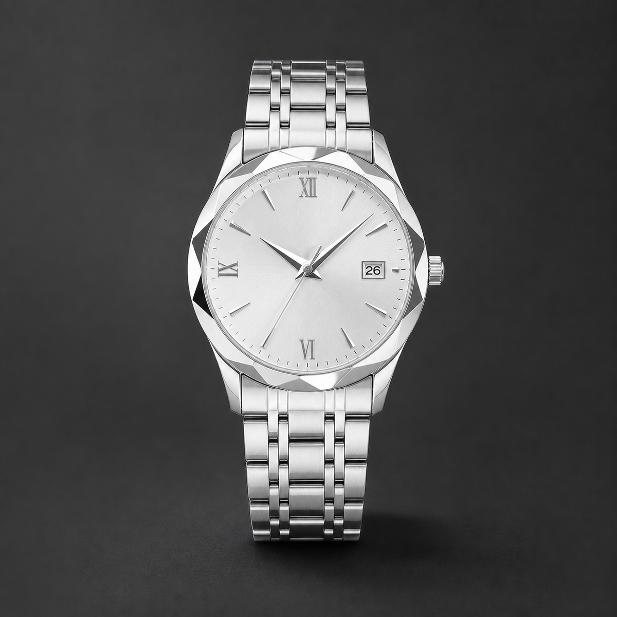 Men’s Faceted-Case Calendar Quartz Watch — Silver, product photo 06