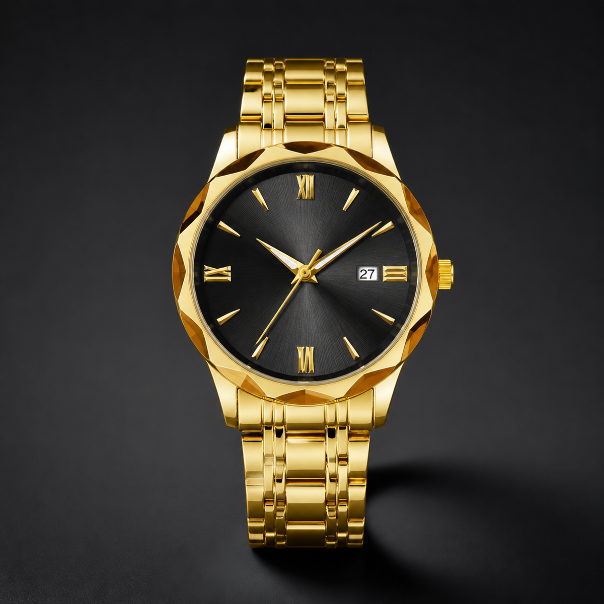 Men’s Faceted-Case Calendar Quartz Watch — Gold black, product photo 09