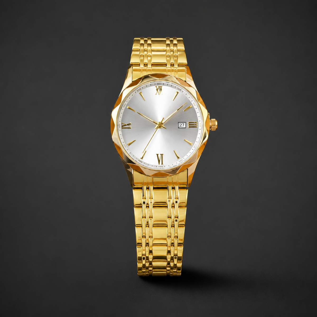 Men’s Faceted-Case Calendar Quartz Watch — Gold white, product photo 10