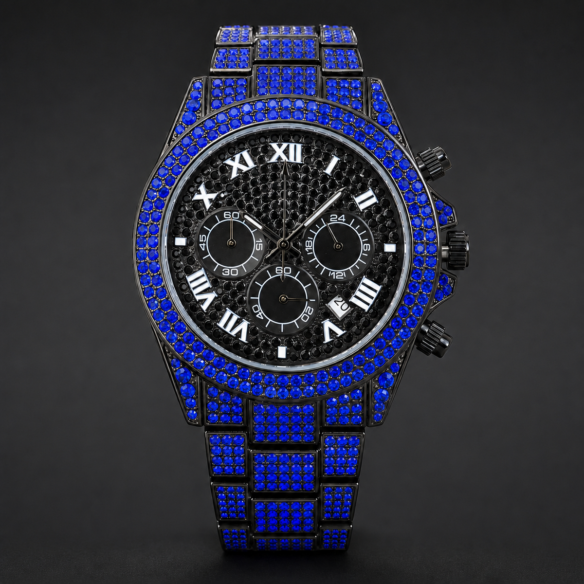 Men’s Blue-Accent Roman-Index Three-Subdial Quartz Watch — Blue, product photo 01
