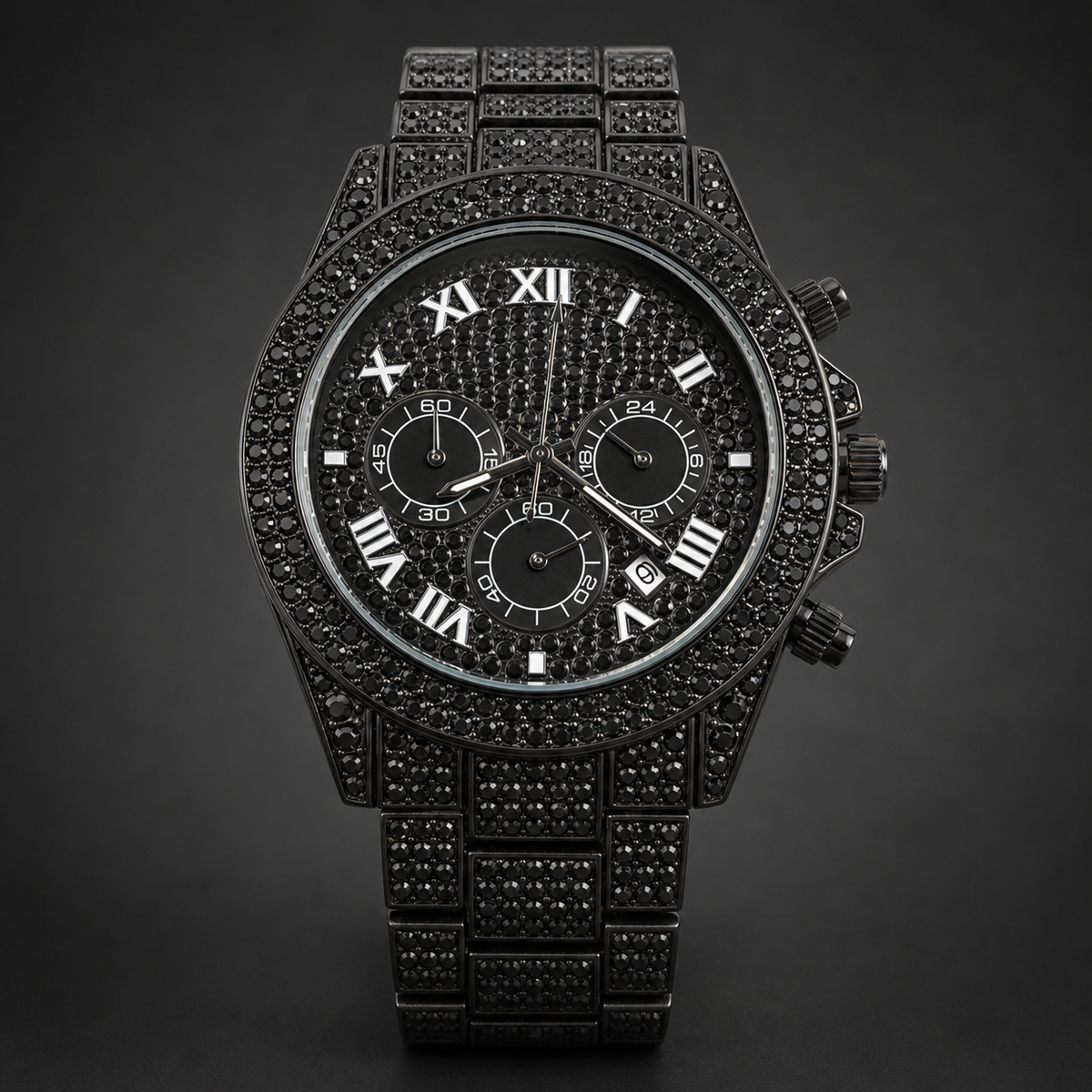 Men’s Blue-Accent Roman-Index Three-Subdial Quartz Watch — Black, product photo 02