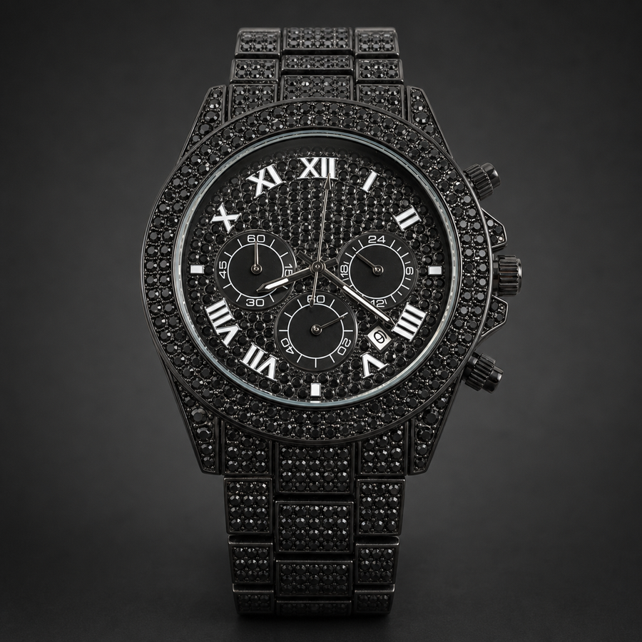 Men’s Blue-Accent Roman-Index Three-Subdial Quartz Watch — Black, product photo 02