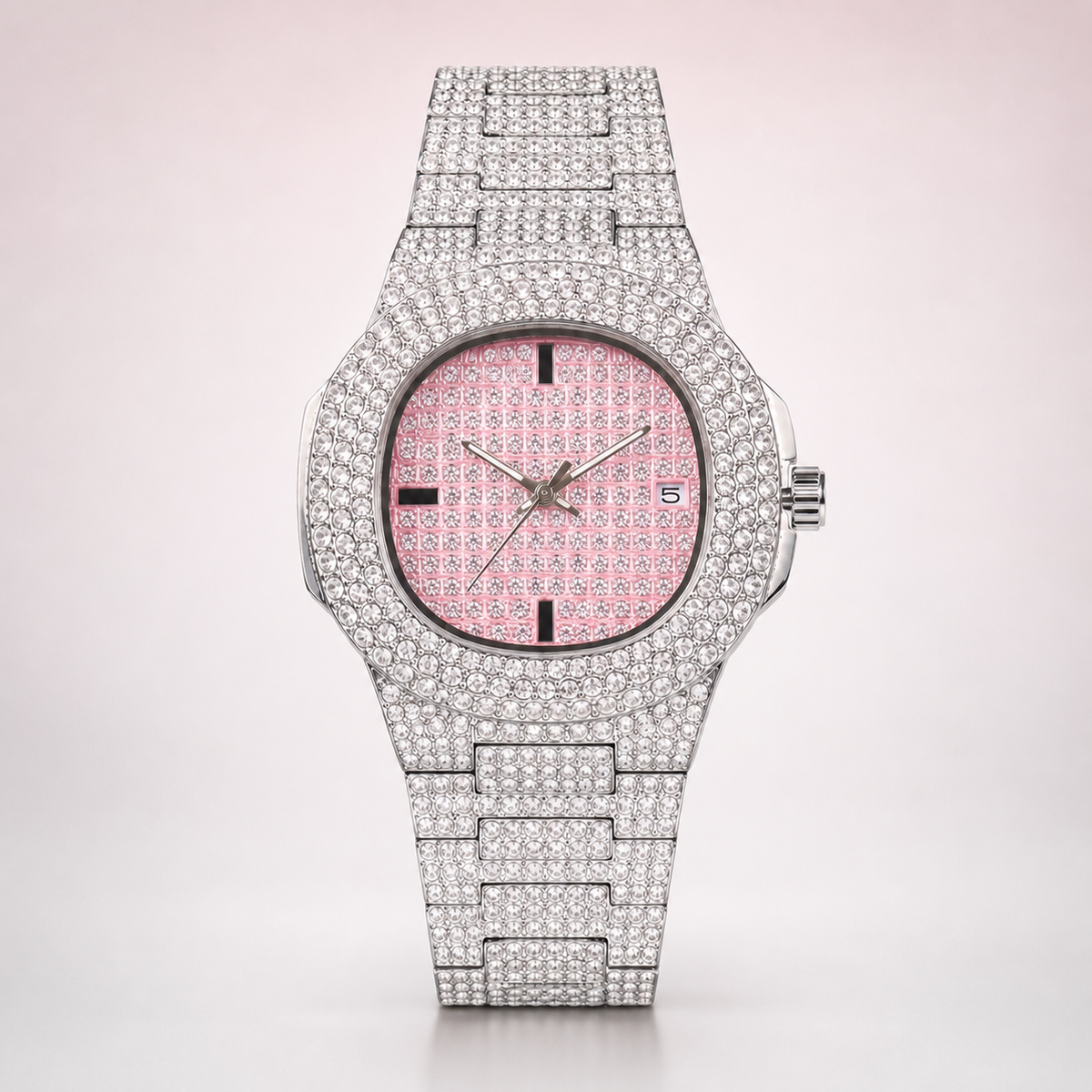 Men’s Grid-Dial Cushion-Case Calendar Quartz Watch — Silver / pink, product photo 02