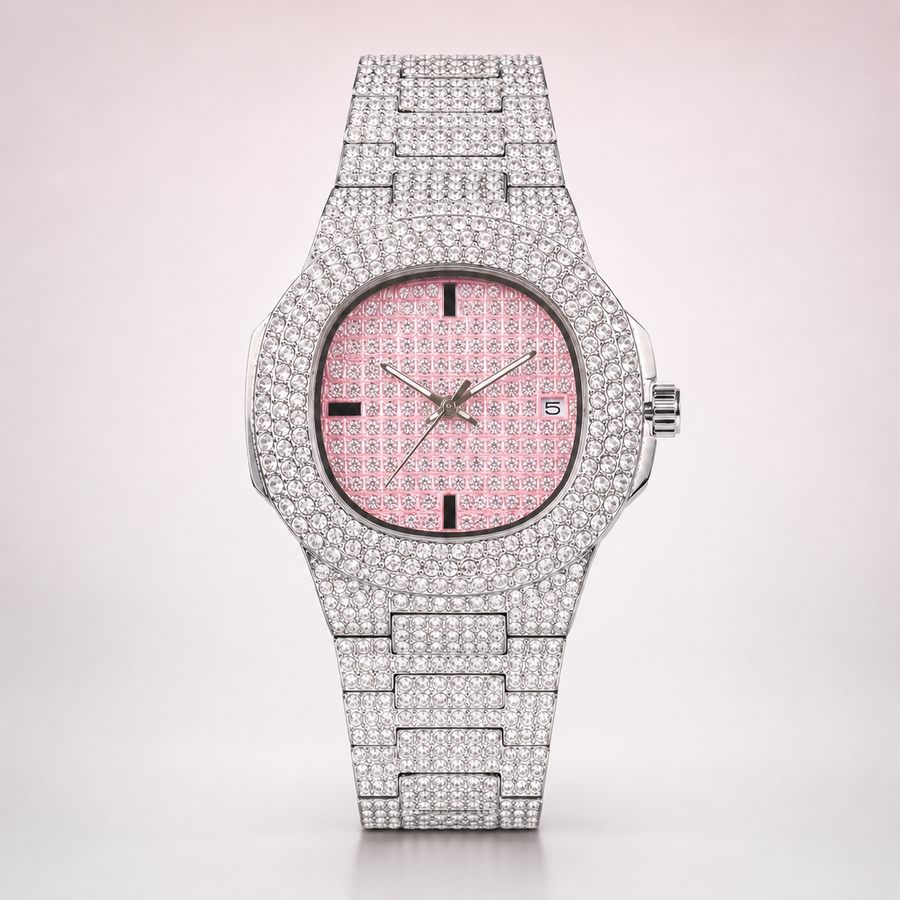 Men’s Grid-Dial Cushion-Case Calendar Quartz Watch — Silver / pink, product photo 02