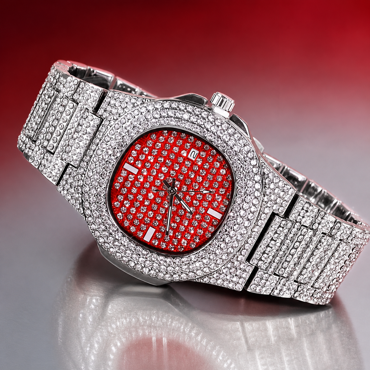 Men’s Grid-Dial Cushion-Case Calendar Quartz Watch — Silver / rose, product photo 07