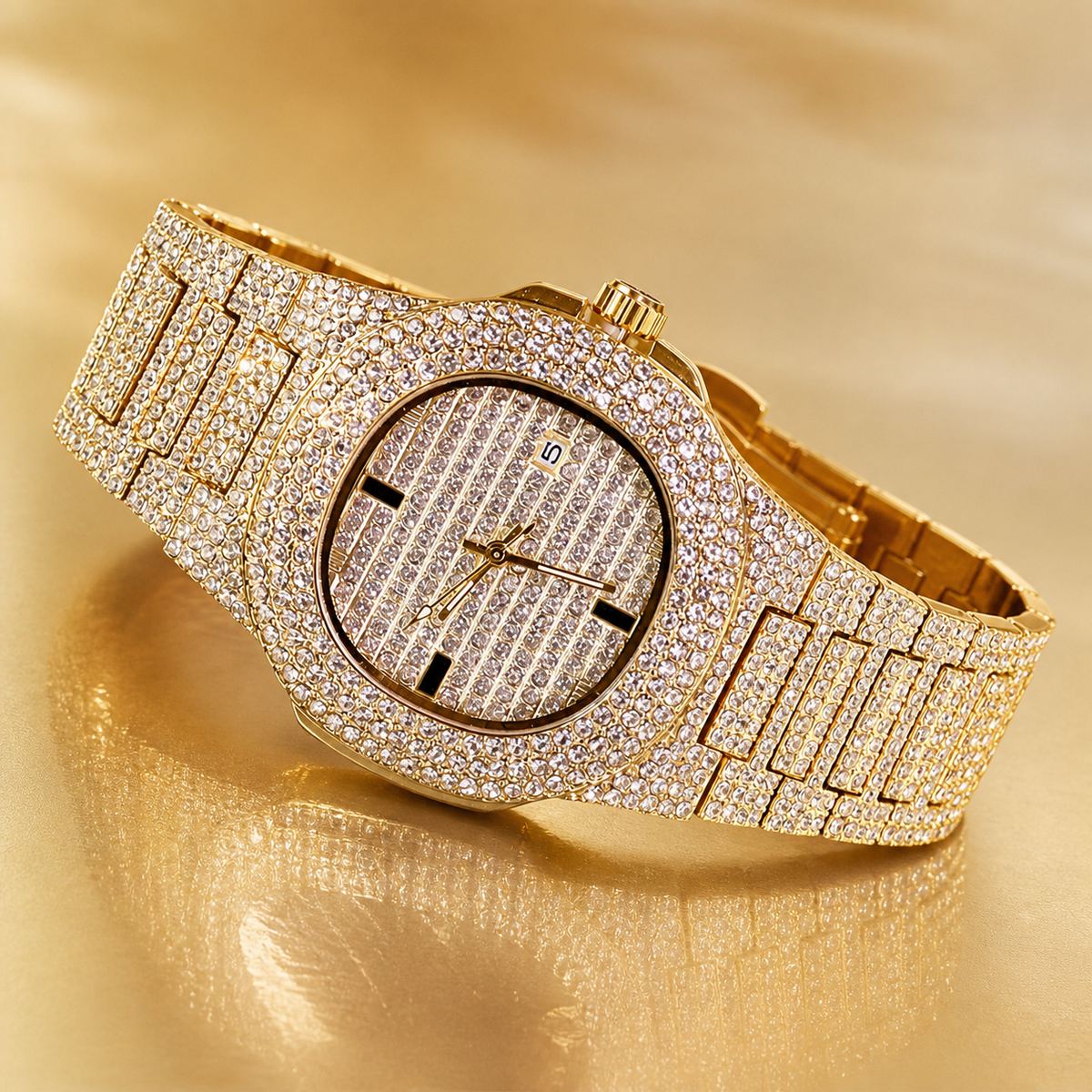 Men’s Grid-Dial Cushion-Case Calendar Quartz Watch — Gold, product photo 12