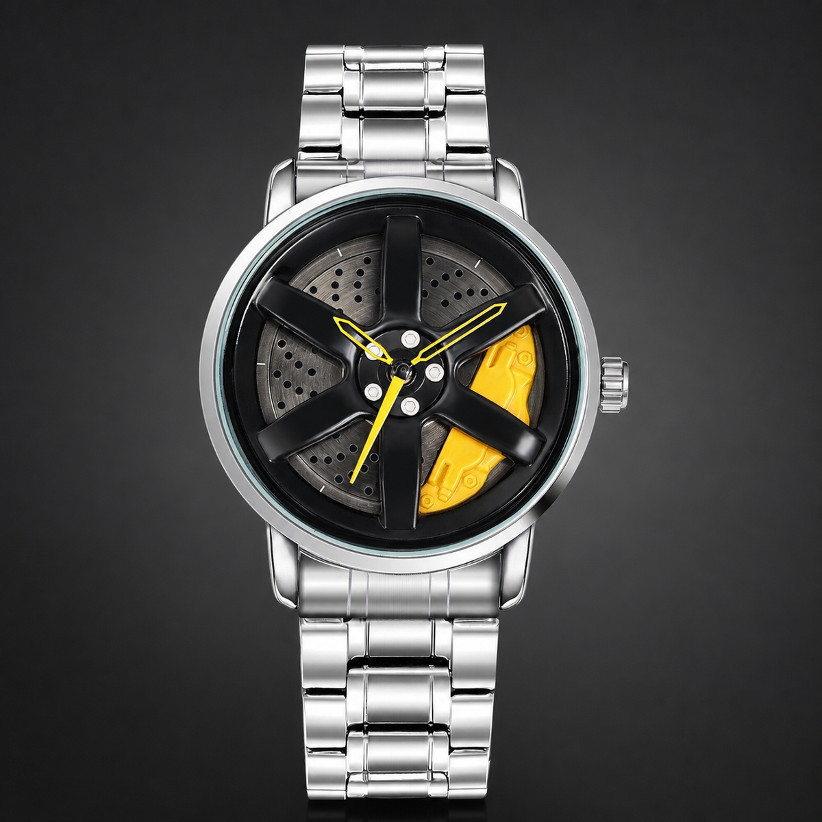 Men’s Black Wheel-and-Caliper Dial Quartz Watch — Silver / yellow, product photo 02