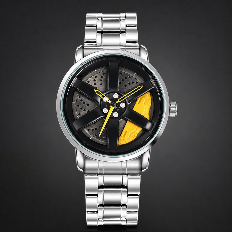 Men’s Black Wheel-and-Caliper Dial Quartz Watch — Silver / yellow, product photo 02