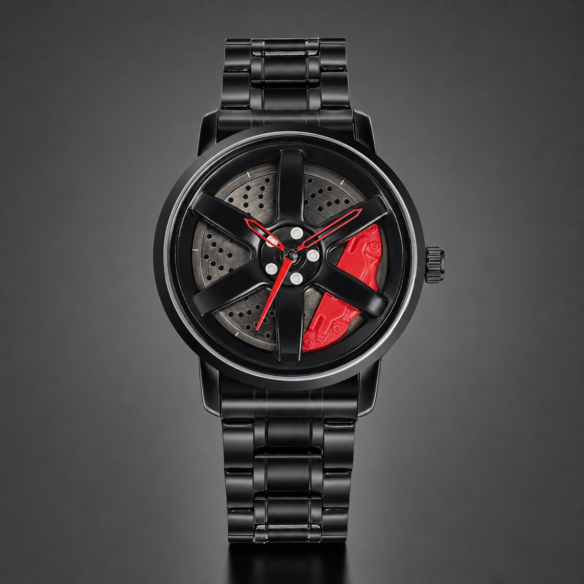 Men’s Black Wheel-and-Caliper Dial Quartz Watch — Black / red, product photo 10
