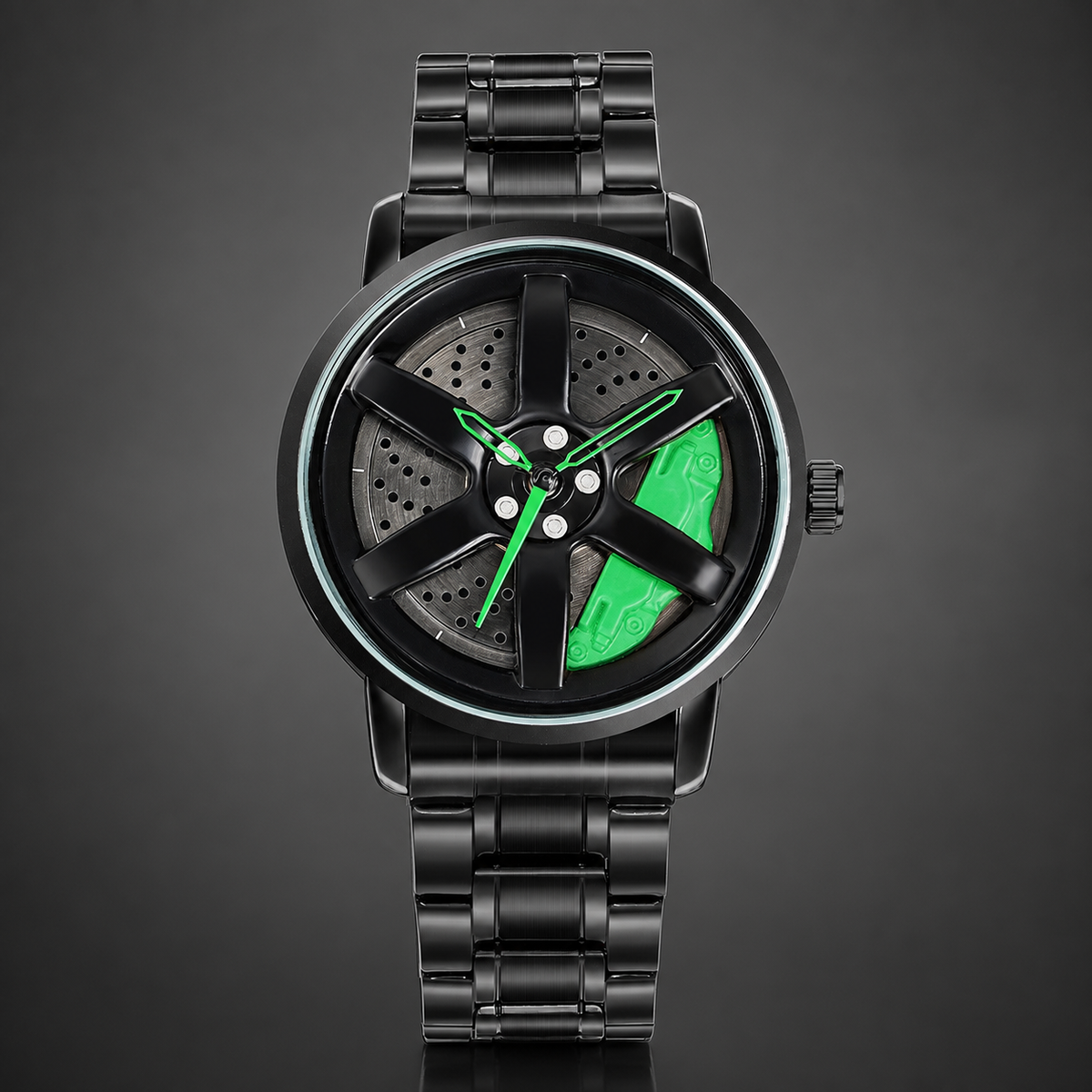 Men’s Black Wheel-and-Caliper Dial Quartz Watch — Black / green, product photo 11