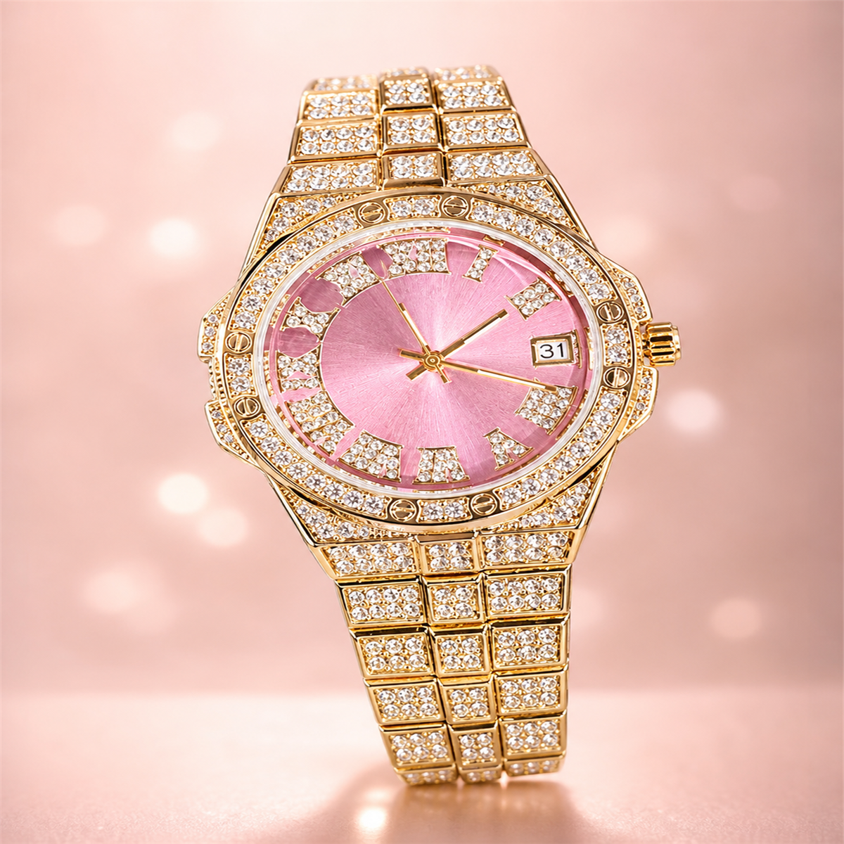 Faceted-Accent Roman-Index Calendar Quartz Watch — Gold / pink, product photo 01