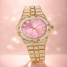 Faceted-Accent Roman-Index Calendar Quartz Watch — Gold / pink, product photo 01