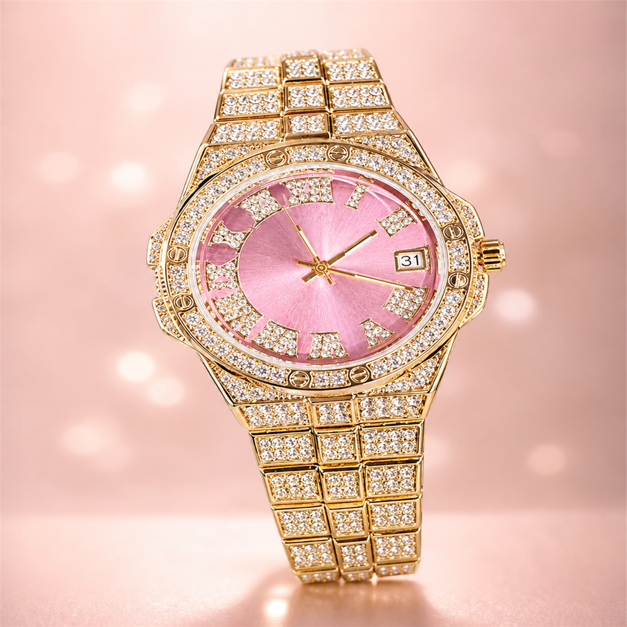 Faceted-Accent Roman-Index Calendar Quartz Watch — Gold / pink, product photo 01