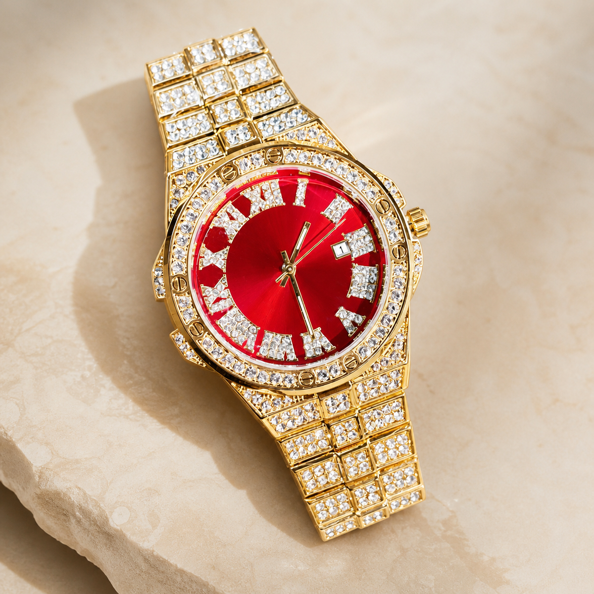 Faceted-Accent Roman-Index Calendar Quartz Watch — Gold / red, product photo 10