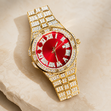 Faceted-Accent Roman-Index Calendar Quartz Watch — Gold / red, product photo 10