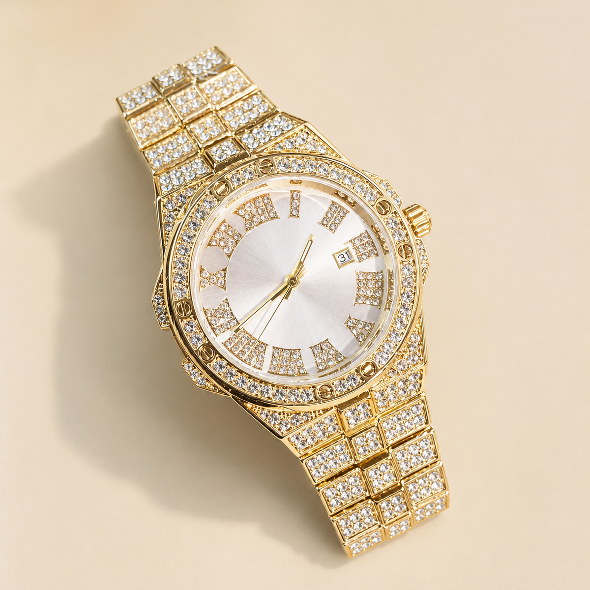 Faceted-Accent Roman-Index Calendar Quartz Watch — Gold / white, product photo 11