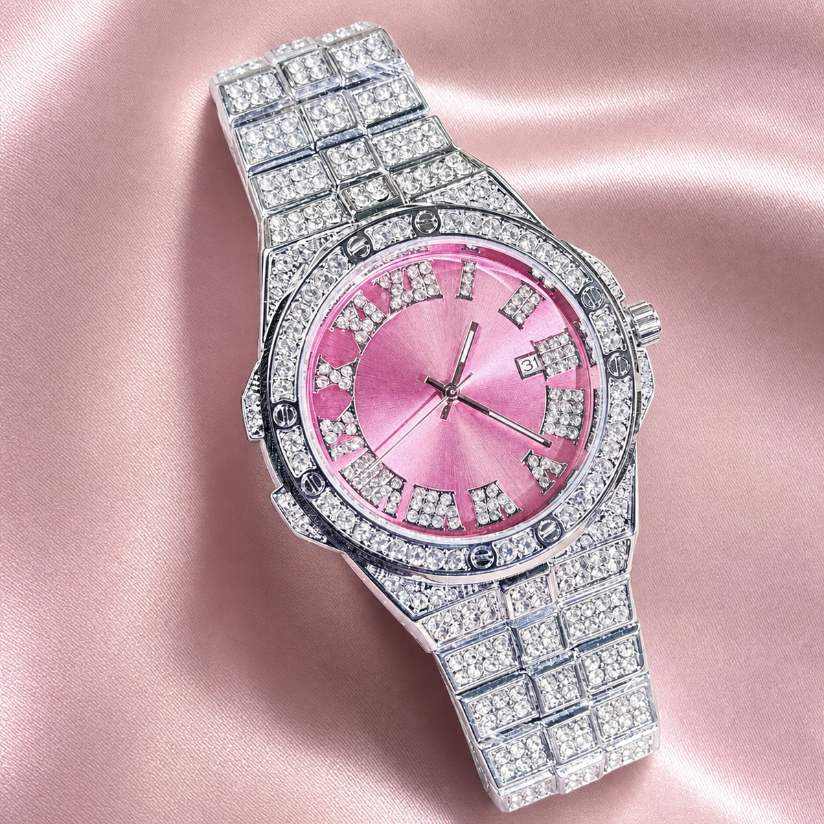 Faceted-Accent Roman-Index Calendar Quartz Watch — Silver / pink, product photo 12