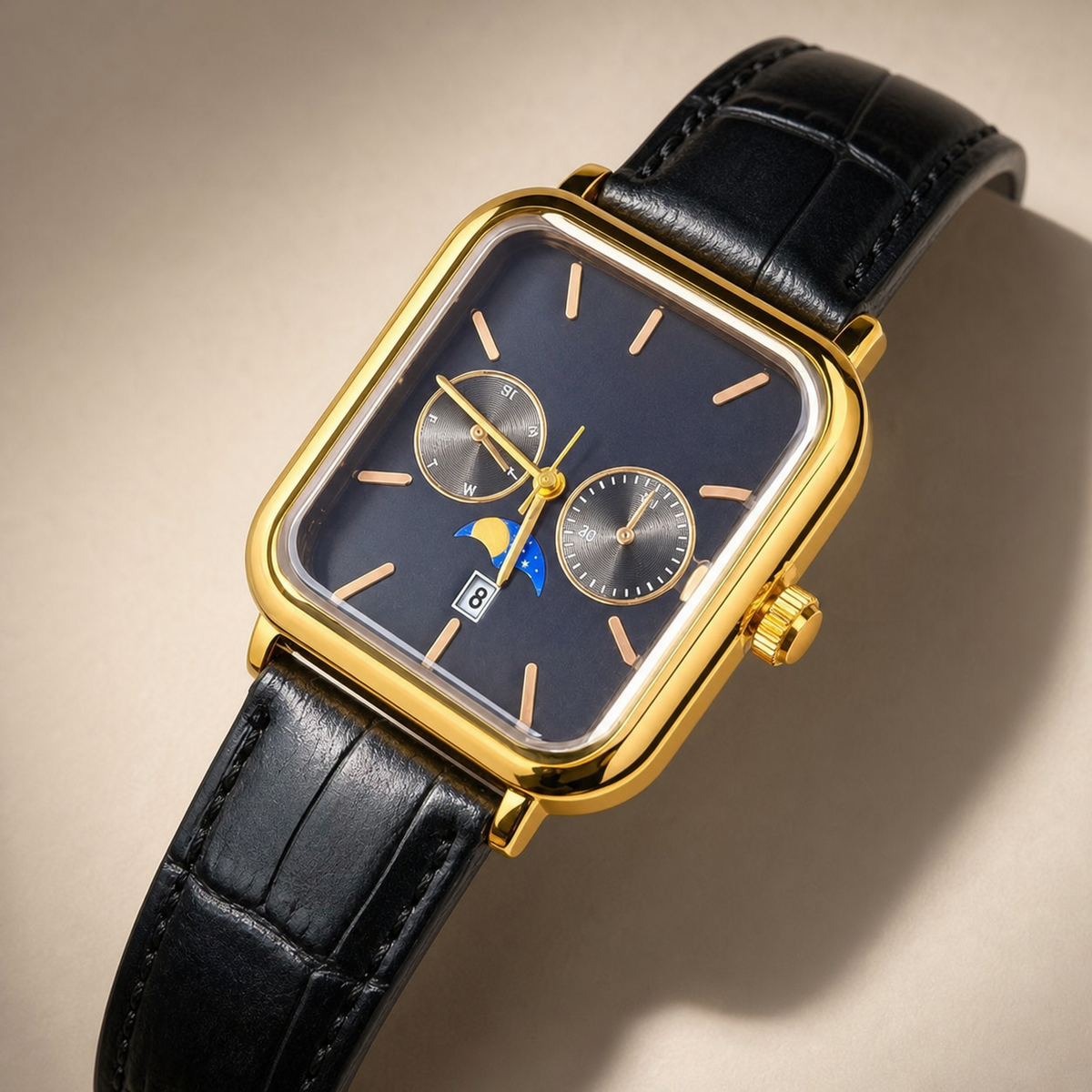 Men’s Blue-Accent Rounded-Square Calendar Quartz Watch — regenerated view 5