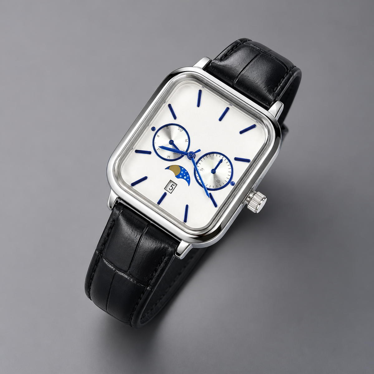 Men’s Blue-Accent Rounded-Square Calendar Quartz Watch — regenerated view 7
