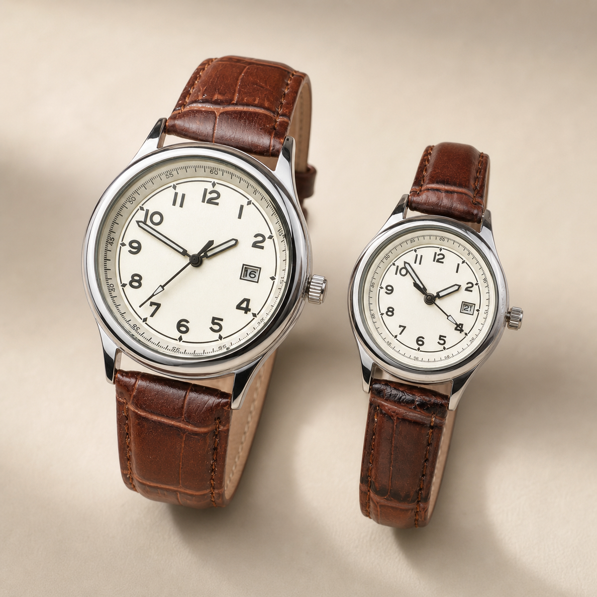 Two-size Arabic-numeral calendar quartz watch set with brown straps