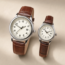 Two-size Arabic-numeral calendar quartz watch set with brown straps