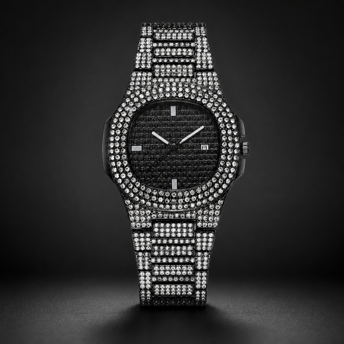 Men's black high-shine calendar quartz watch with four baton markers