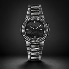 Men's black high-shine calendar quartz watch with four baton markers