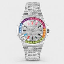 Men's silver-tone calendar quartz watch with multicolour bezel and markers