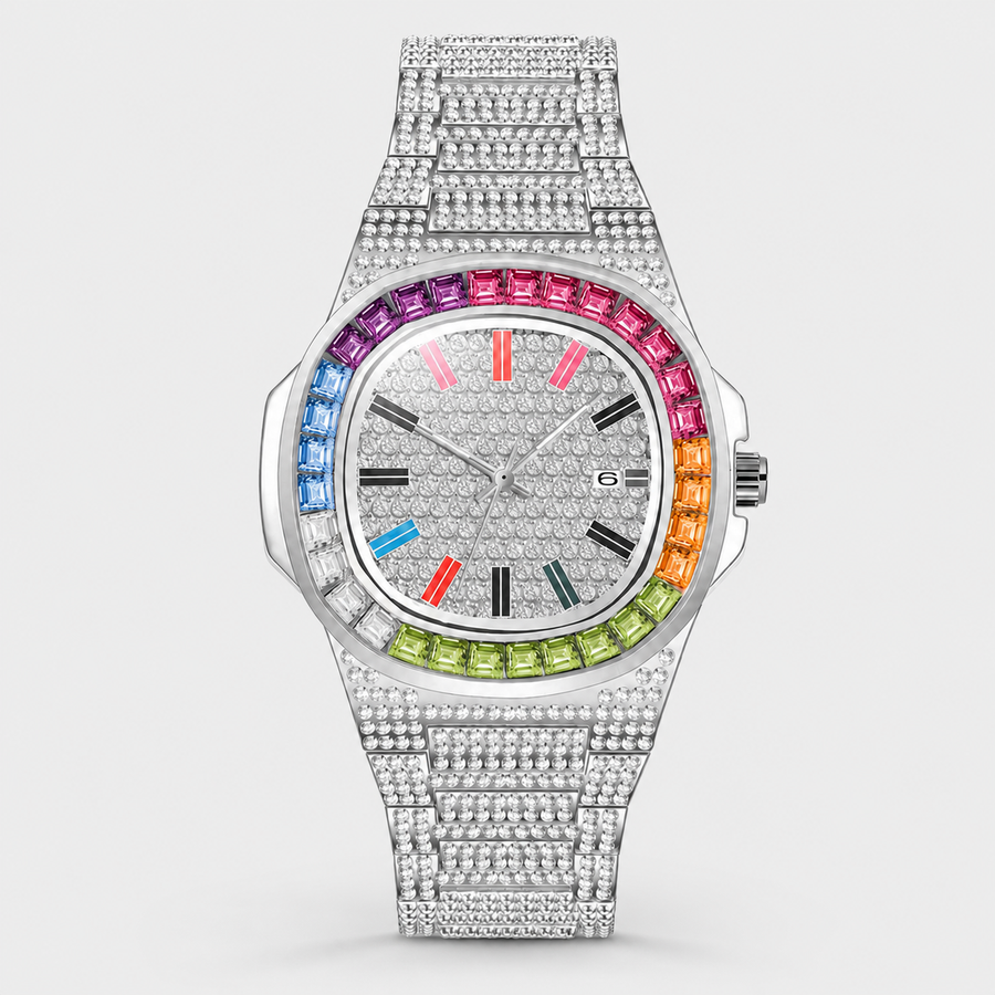 Men's silver-tone calendar quartz watch with multicolour bezel and markers