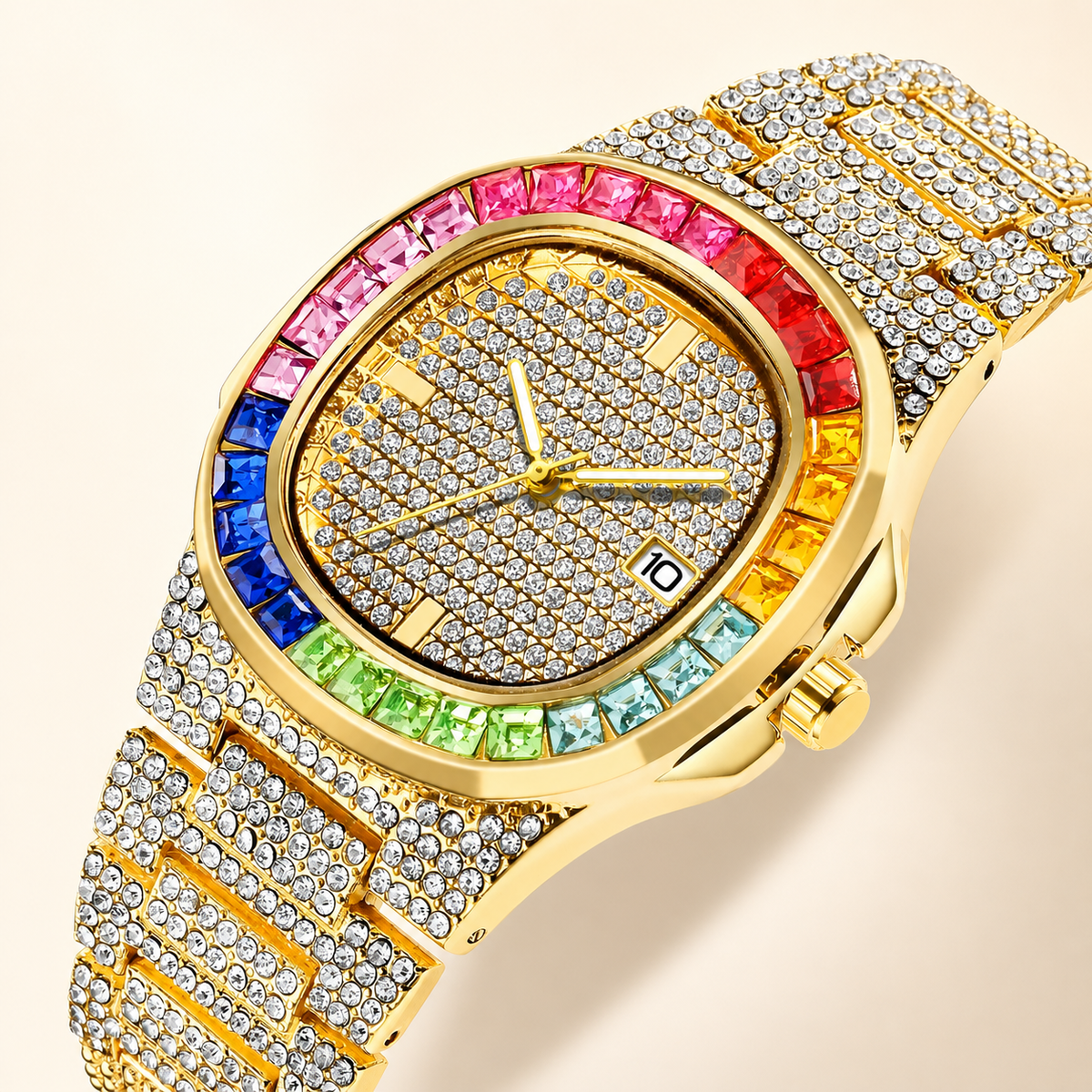 Men's Rainbow-Bezel Black Calendar Quartz Watch, alternate product view 1