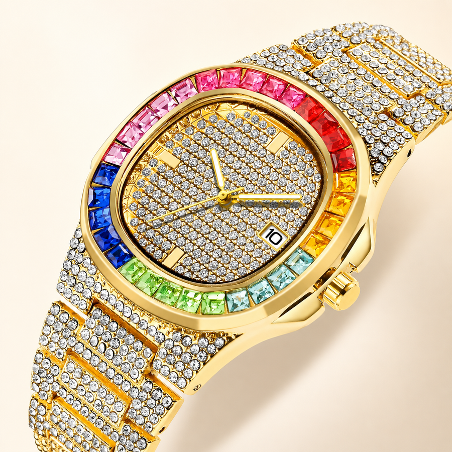 Men's Rainbow-Bezel Black Calendar Quartz Watch, alternate product view 1