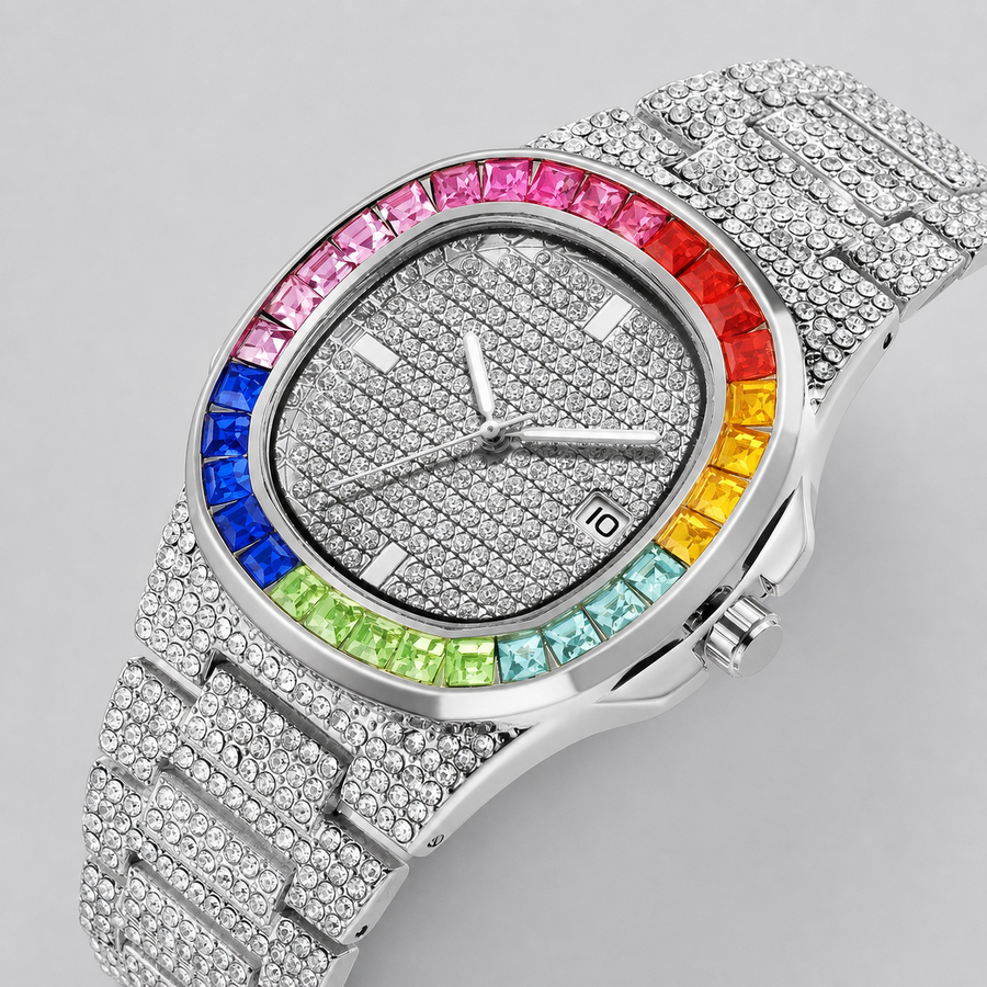 Men's Rainbow-Bezel Black Calendar Quartz Watch, alternate product view 3