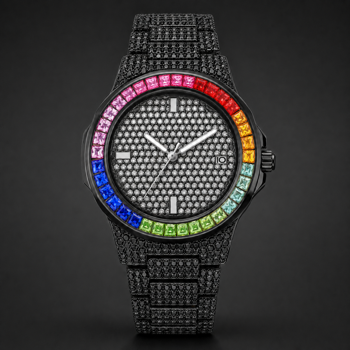 Men's black calendar quartz watch with multicolour bezel accents