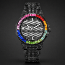 Men's black calendar quartz watch with multicolour bezel accents