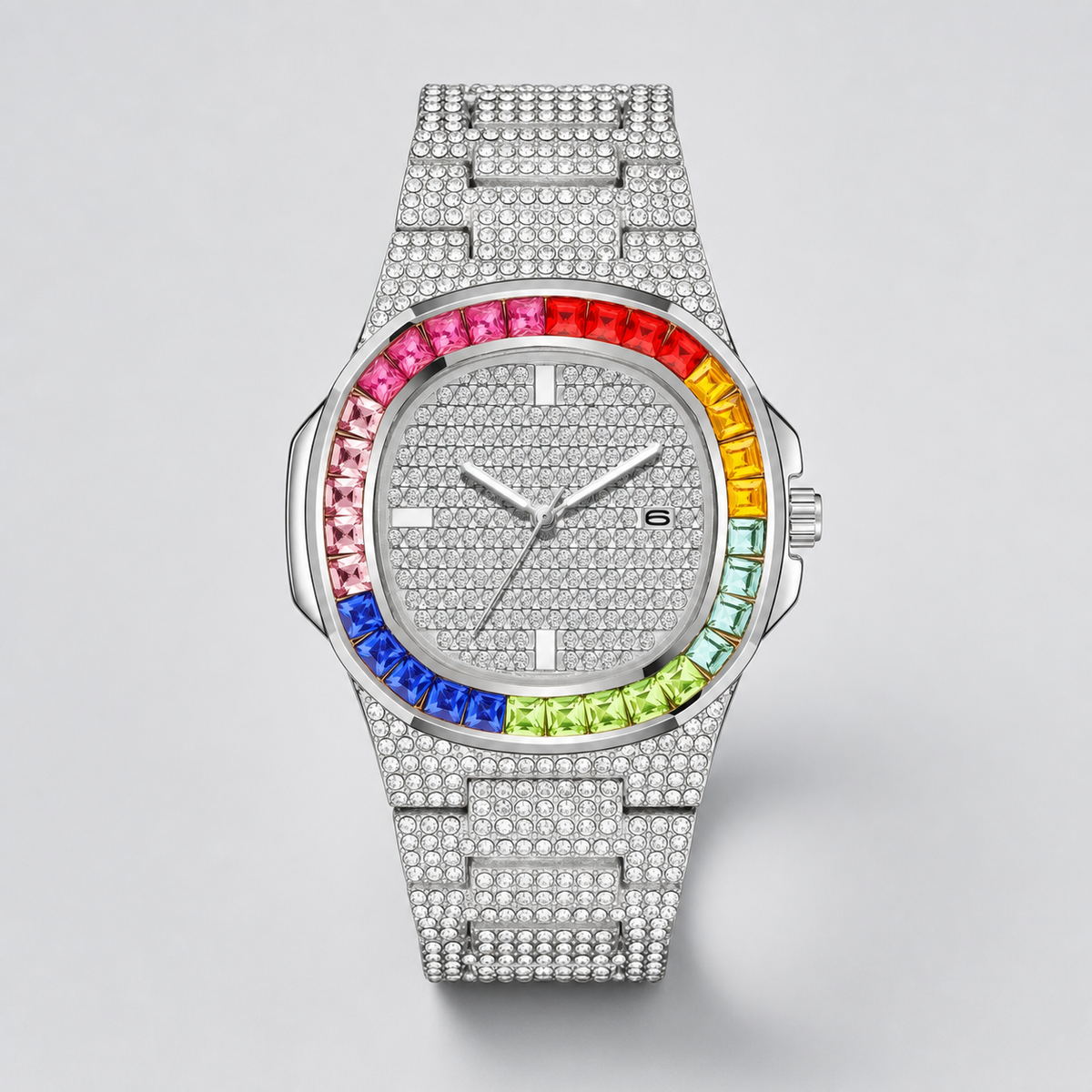 Men's Rainbow-Bezel Black Calendar Quartz Watch, detail view 4