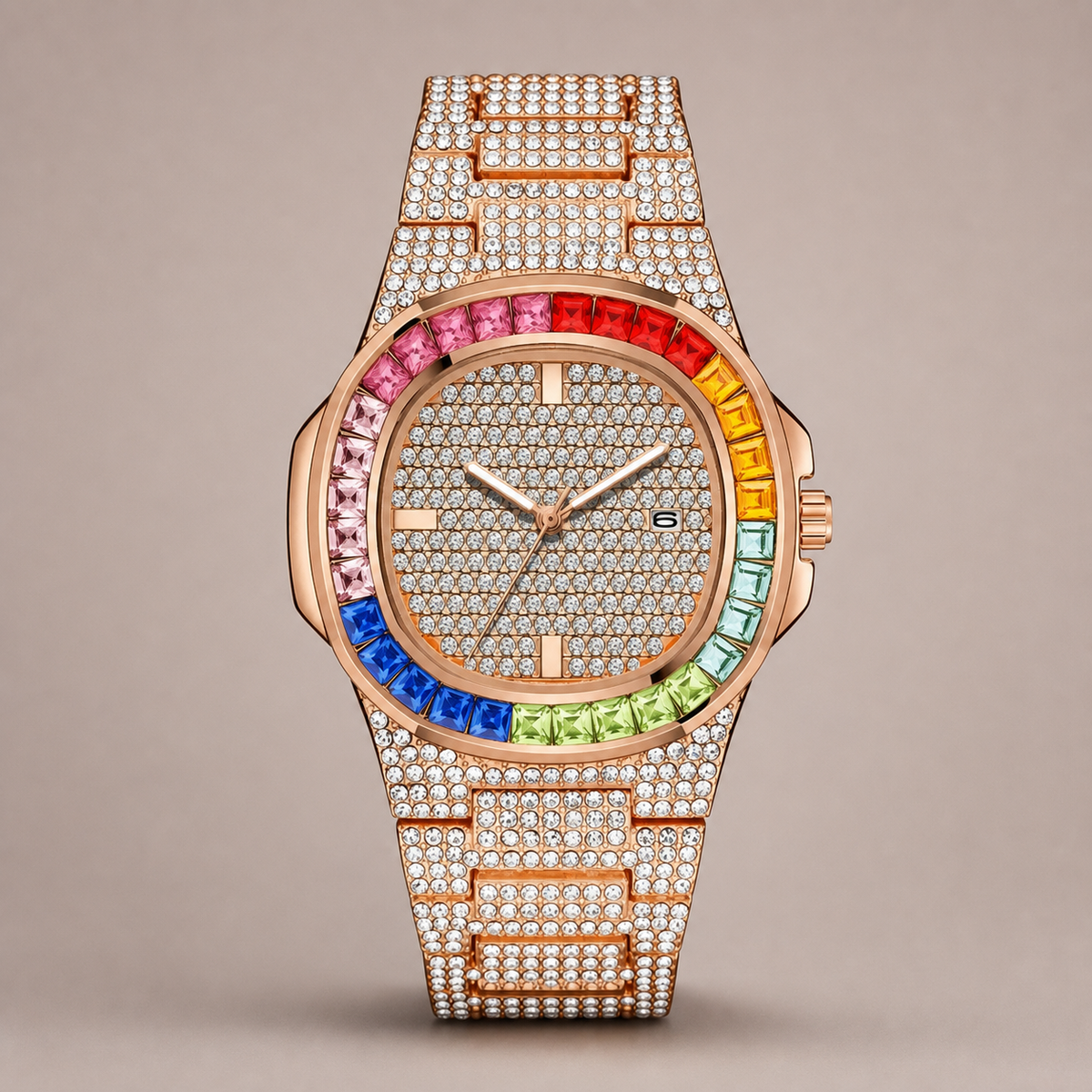 Men's Rainbow-Bezel Black Calendar Quartz Watch, detail view 5
