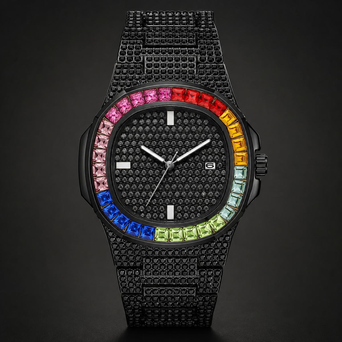 Men's Rainbow-Bezel Black Calendar Quartz Watch, detail view 6