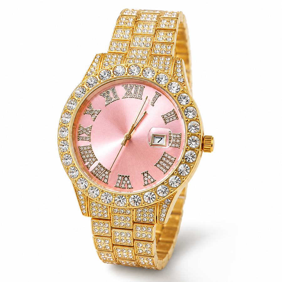 Men’s Pink Roman Numeral Quartz Watch — Gold-pink front view