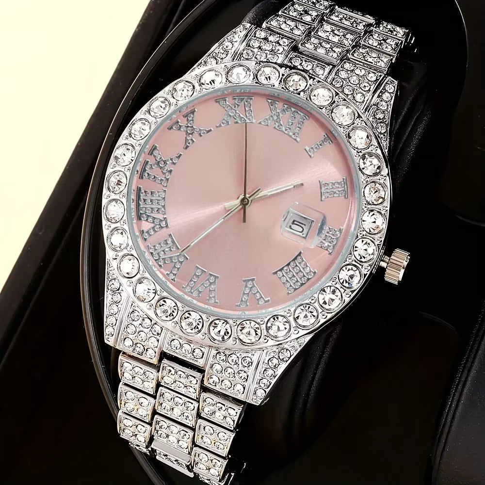 Men’s Pink Roman Numeral Quartz Watch — Silver-pink front view